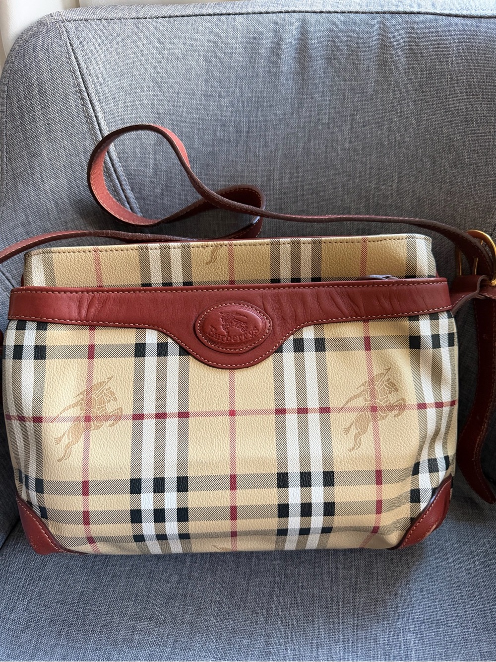 Burberry Beige Check Crossbody with Red-Brown Leather Trim